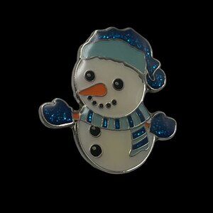 Pinmart Snowman Brooch White Blue Enamel‎ with Glitter Gloves and Hat